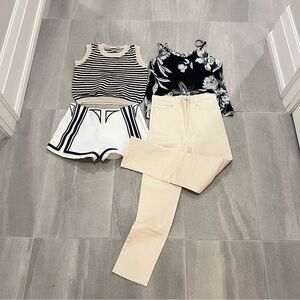 Striped Crop Top and Floral Blouse with Cream Pants